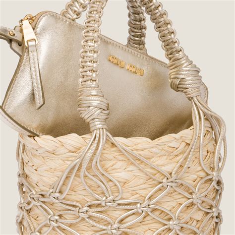 Straw and leather mesh bucket bag Tan/pyrite 